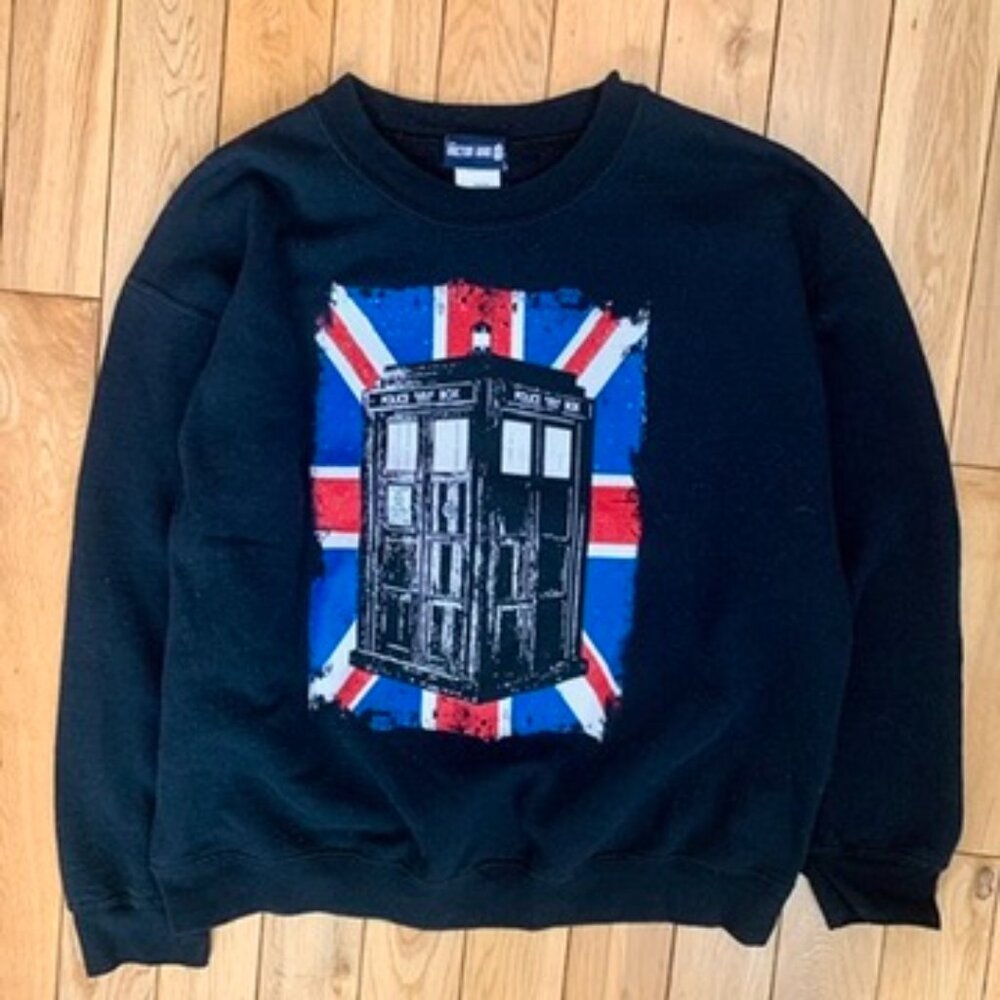 Doctor Who Sweater Police Box Men’s Large Pullover Black Crewneck Graphic Print